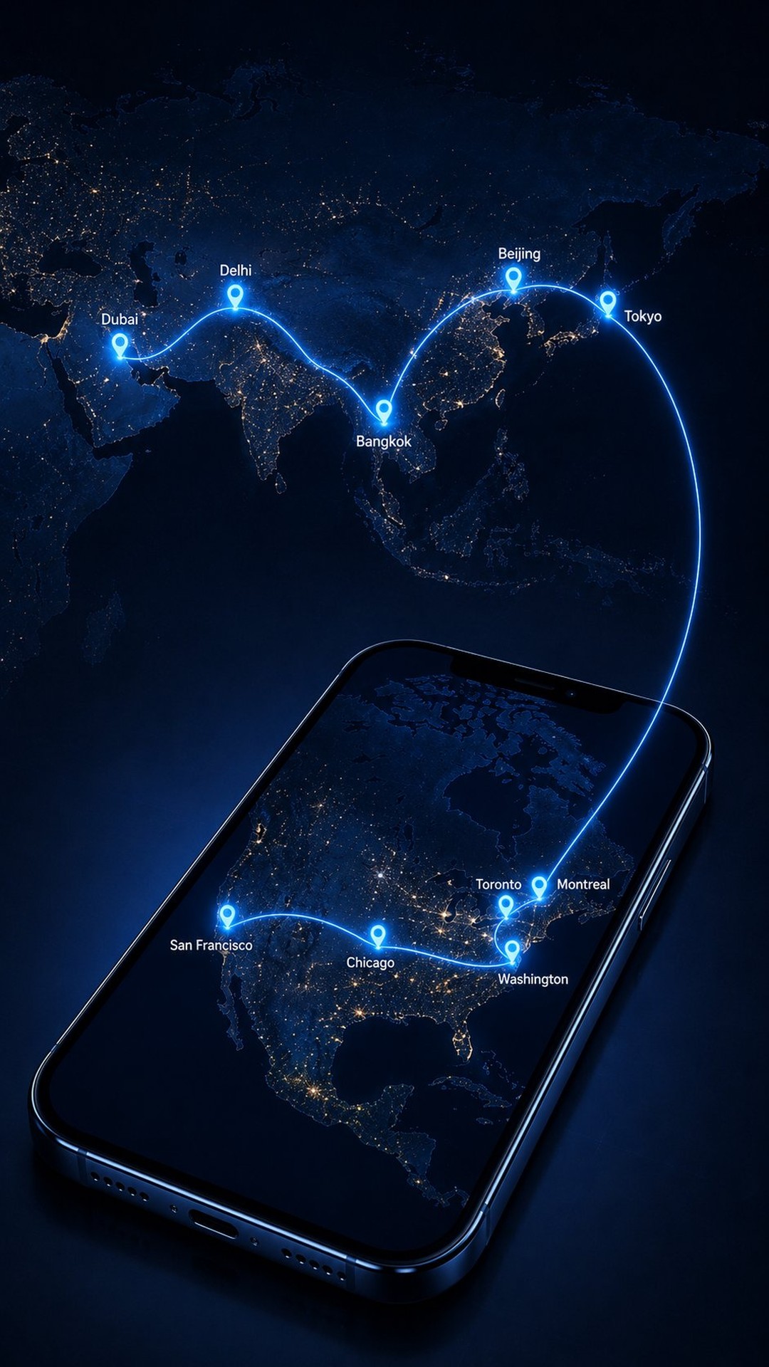 World map at night from space with glowing location pins across Dubai, Delhi, Bangkok, Beijing, Tokyo and a phone showing North America with connected pins across San Francisco, Chicago, Toronto and Washington